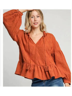 Umgee Burnt Orange Textured Peplum Top Tassel Tie Balloon Sleeve Shirt Small NWT